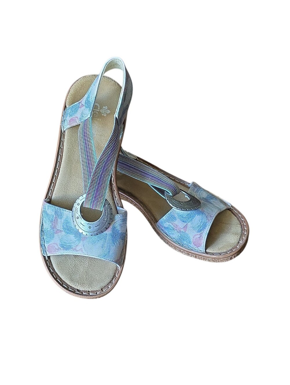 RIEKER Pastel Multicolored Silver Accent Floral Leather Sandal EU 38 US 7.5 EUC
